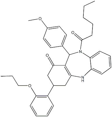 10-hexanoyl-11-(4-methoxyphenyl)-3-(2-propoxyphenyl)-2,3,4,5,10,11-hexahydro-1H-dibenzo[b,e][1,4]diazepin-1-one|