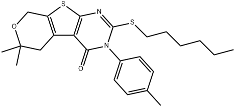2-(hexylsulfanyl)-6,6-dimethyl-3-(4-methylphenyl)-3,5,6,8-tetrahydro-4H-pyrano[4',3':4,5]thieno[2,3-d]pyrimidin-4-one Structure