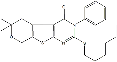 2-(hexylsulfanyl)-6,6-dimethyl-3-phenyl-3,5,6,8-tetrahydro-4H-pyrano[4',3':4,5]thieno[2,3-d]pyrimidin-4-one Structure