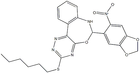 3-(hexylthio)-6-{6-nitro-1,3-benzodioxol-5-yl}-6,7-dihydro[1,2,4]triazino[5,6-d][3,1]benzoxazepine 结构式