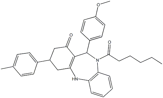 10-hexanoyl-11-(4-methoxyphenyl)-3-(4-methylphenyl)-2,3,4,5,10,11-hexahydro-1H-dibenzo[b,e][1,4]diazepin-1-one 结构式