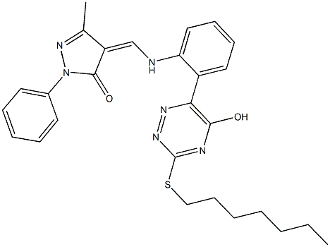 4-({2-[3-(heptylsulfanyl)-5-hydroxy-1,2,4-triazin-6-yl]anilino}methylene)-5-methyl-2-phenyl-2,4-dihydro-3H-pyrazol-3-one Structure