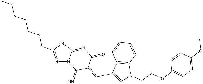 2-heptyl-5-imino-6-({1-[2-(4-methoxyphenoxy)ethyl]-1H-indol-3-yl}methylene)-5,6-dihydro-7H-[1,3,4]thiadiazolo[3,2-a]pyrimidin-7-one Structure