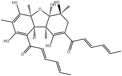 [1,1'-(4a,5a,6,7,9a,9b-Hexahydro-2,4,5a,6,9-pentahydroxy-3,4a,6,9a-tetramethyl-1,8-dibenzofurandiyl)bis(2,4-hexadien-1-one)] Structure