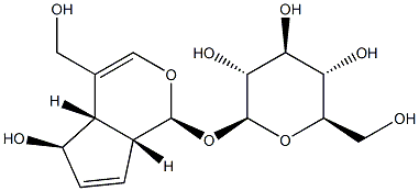 [(1S,4aα,7aα)-1,4a,5,7a-テトラヒドロ-5α-ヒドロキシ-4-(ヒドロキシメチル)シクロペンタ[c]ピラン-1-イル]β-D-グルコピラノシド 化学構造式