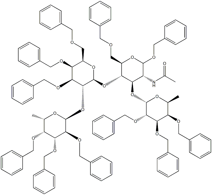 2-Acetamido-1,6-di-O-benzyl-3-O-(2,3,4-tri-O-benzyl-a-L-fucopyranosyl)-4-O-[2-O-(2,3,4-tri-O-benzyl-a-L-fucopyranosyl)-3,4,6-tri-O-benzyl-b-D-galactopyranosyl]-2-deoxy-D-glucopyranoside|2-乙酰氨基-1,6-二-O-苄基-3-O-(2,3,4-三-O-苄基-Α-L-呋喃糖基)-4-O-〔2-O-(2,3-,4-三-O-苄基Α-FUCOPYRANOSYL)-3,4,6三-O-苄基BD-D-吡喃半乳糖] -2-脱氧D-D-吡喃葡萄糖苷