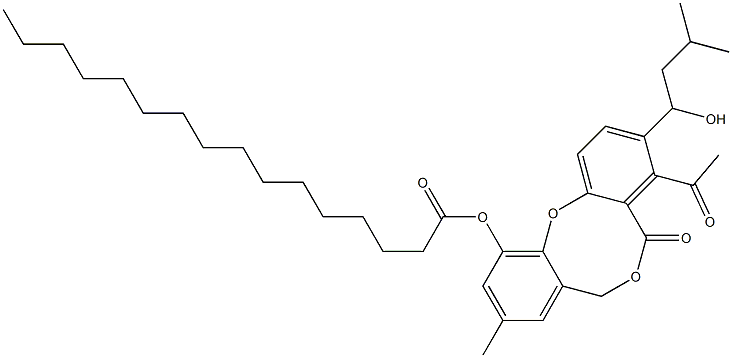 Hexadecanoic acid 5-oxo-4-acetyl-9-methyl-3-(1-hydroxy-3-methylbutyl)-5H,7H-dibenzo[b,g][1,5]dioxocin-11-yl ester 结构式