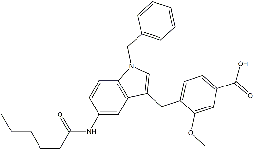 4-[5-Hexanoylamino-1-benzyl-1H-indol-3-ylmethyl]-3-methoxybenzoic acid 结构式