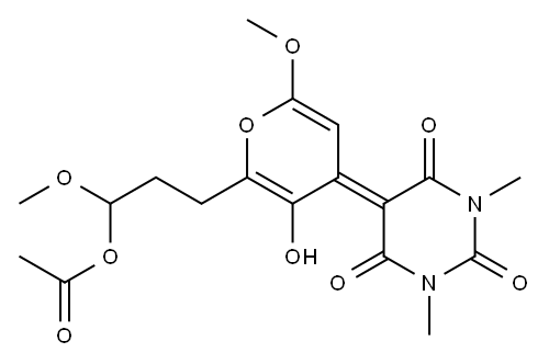 Acetic acid [1-methoxy-3-[4-[(1,3-dimethyl-2,4,6-trioxohexahydropyrimidin)-5-ylidene]-2-methoxy-5-hydroxy-4H-pyran-6-yl]propyl] ester