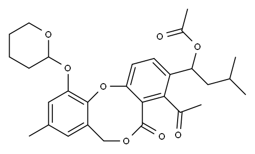 Acetic acid 1-(4-acetyl-11-[(tetrahydro-2H-pyran)-2-yloxy]-9-methyl-5-oxo-5H,7H-dibenzo[b,g][1,5]dioxocin-3-yl)-3-methylbutyl ester|