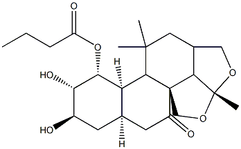 (3R,3aα,5aα,9aβ,11aα,12R)-3β,3bβ-(Epoxymethano)-4α,5α,12-trihydroxy-3a,3b,4,5,5a,6,7,8,9,9a,9bα,10,11,11a-tetradecahydro-6,6,9a-trimethylphenanthro[1,2-c]furan-1(3H)-one 5-butyrate 结构式