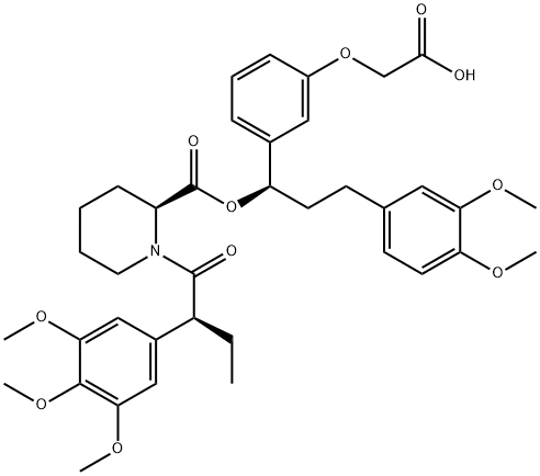 2-{3-[(1R)-3-(3,4-ジメトキシフェニル)-1-{1-[(2S)-2-(3,4,5-トリメトキシフェニル)ブタノイル]ピペリジン-2-カルボニルオキシ}プロピル]フェノキシ}酢酸 化学構造式