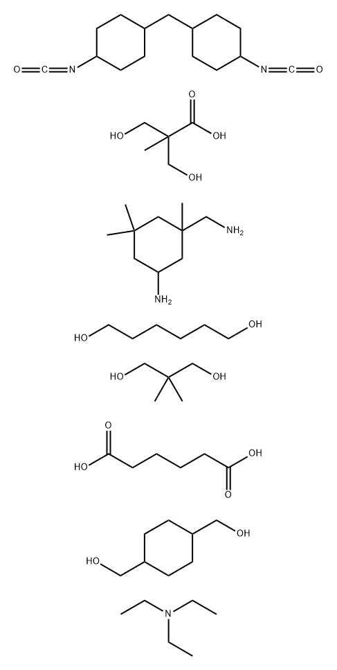 Hexanedioic acid, polymer with 5-amino-1,3,3-trimethylcyclohexanemethanamine, 1,4-cyclohexanedimethanol, 2,2-dimethyl-1,3-propanediol, 1,6-hexanediol, 3-hydroxy-2-(hydroxymethyl)-2-methylpropanoic acid and 1,1'-methylenebis[4-isocyanatocyclohexane], compd Structure