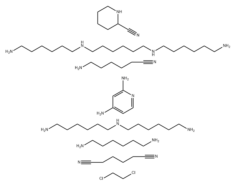 Hexanedinitrile, polymer with 6-aminohexanenitrile, N-(6-aminohexyl)-1,6-hexanediamine, N,N-bis(6-aminohexyl)-1,6-hexanediamine, 1,2-dichloroethane, 1,6-hexanediamine, 2-piperidinecarbonitrile and 2,4-pyridinediamine Structure