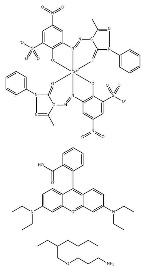 Xanthylium, 9-(2-carboxyphenyl)-3,6-bis(diethylamino)-, hydrogen bis[3-[(4,5-dihydro-3-methyl-5-oxo-1-phenyl-1H-pyrazol-4-yl)azo]-2-hydroxy-5-nitrobenzenesulfonato(3-)]chromate(3-), compd. with 3-[(2-ethylhexyl)oxy]-1-propanamine|9-(2-羧基苯基)-3,6-二(二乙氨基)占吨翁与二[3-[(4,5-二氢-3-甲基-5-氧代-1-苯基-1H-吡唑-4-基)偶氮]-2-羟基-5-硝基苯磺酸根合(3-)]铬酸(3-)和3-[(2-乙基己基)氧基]-1-丙胺的化合物