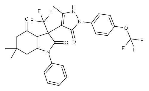 1H-INDOLE-2,4-DIONE, 3-[2,5-DIHYDRO-3-METHYL-5-OXO-1-[4-(TRIFLUOROMETHOXY)PHENYL]-1H-PYRAZOL-4-YL]-3,5,6,7-TETRAHYDRO-6,6-DIMETHYL-1-PHENYL-3-(TRIFLUOROMETHYL)- Structure
