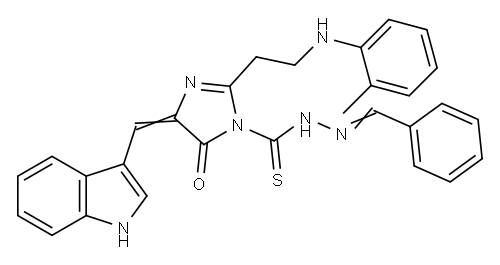 1H-Imidazole-1-carbothioic acid, 4,5-dihydro-4-(1H-indol-3-ylmethylene )-2-(2-((2-methylphenyl)amino)ethyl)-5-oxo-, (phenylmethylene)hydrazid e|