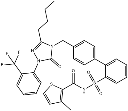 N-[[4′-[[3-ブチル-1,5-ジヒドロ-5-オキソ-1-[2-(トリフルオロメチル)フェニル]-4H-1,2,4-トリアゾール-4-イル]メチル]-2-ビフェニリル]スルホニル]-5-メチル-2-チオフェンカルボアミド 化学構造式