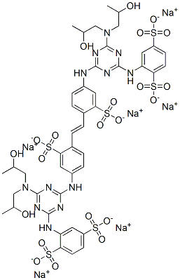 Hexasodium 2,2'-[vinylenebis[(3-sulfonato-4,1-phenylene)imino[6-[bis (2-hydroxypropyl)amino]-1,3,5-triazine-4,2-diyl]imino]]bis(benzene- 1,4-disulfonate) Structure