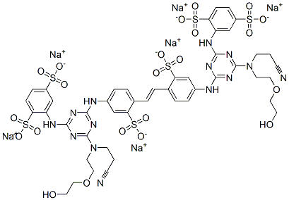 hexasodium 2,2'-[vinylenebis[(3-sulphonato-4,1-phenylene)imino[6-[(2-cyanoethyl)[2-(2-hydroxyethoxy)ethyl]amino]-1,3,5-triazine-4,2-diyl]imino]]bis[benzene-1,4-disulphonate] Structure
