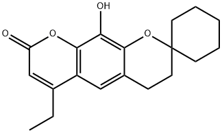 6'-Ethyl-10'-hydroxy-3',4'-dihydro-8'H-spiro[cyclo hexane-1,2'-pyrano[3,2-g]chromen]-8'-one Struktur
