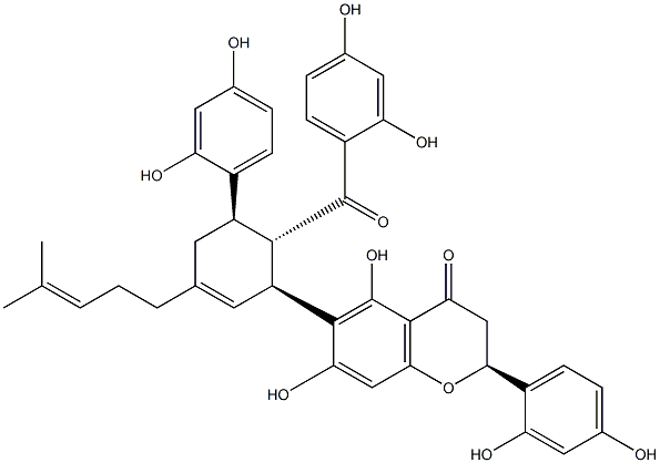 (2S)-6-[(1S,5R,6S)-6-(2,4-dihydroxybenzoyl)-5-(2,4-dihydroxyphenyl)-3-(4-methylpent-3-enyl)cyclohex-2-en-1-yl]-2-(2,4-dihydroxyphenyl)-5,7-dihydroxy-2,3-dihydrochromen-4-one|桑根酮G