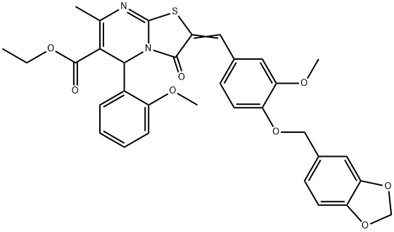 ethyl 2-[4-(1,3-benzodioxol-5-ylmethoxy)-3-methoxybenzylidene]-5-(2-methoxyphenyl)-7-methyl-3-oxo-2,3-dihydro-5H-[1,3]thiazolo[3,2-a]pyrimidine-6-carboxylate Struktur