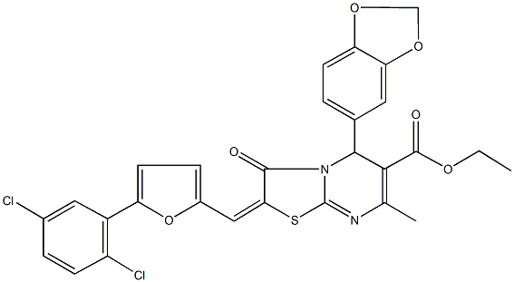 ethyl 5-(1,3-benzodioxol-5-yl)-2-{[5-(2,5-dichlorophenyl)-2-furyl]methylene}-7-methyl-3-oxo-2,3-dihydro-5H-[1,3]thiazolo[3,2-a]pyrimidine-6-carboxylate Struktur