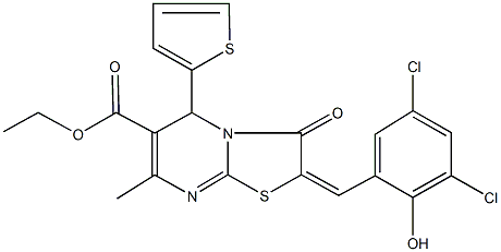 ethyl 2-(3,5-dichloro-2-hydroxybenzylidene)-7-methyl-3-oxo-5-(2-thienyl)-2,3-dihydro-5H-[1,3]thiazolo[3,2-a]pyrimidine-6-carboxylate Struktur