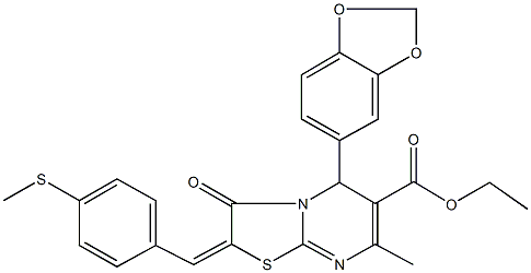 ethyl 5-(1,3-benzodioxol-5-yl)-7-methyl-2-[4-(methylsulfanyl)benzylidene]-3-oxo-2,3-dihydro-5H-[1,3]thiazolo[3,2-a]pyrimidine-6-carboxylate Struktur