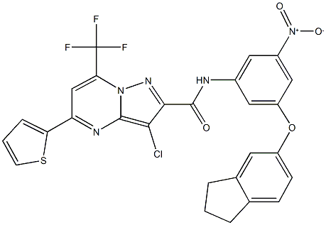 3-chloro-N-{3-(2,3-dihydro-1H-inden-5-yloxy)-5-nitrophenyl}-5-(2-thienyl)-7-(trifluoromethyl)pyrazolo[1,5-a]pyrimidine-2-carboxamide Structure