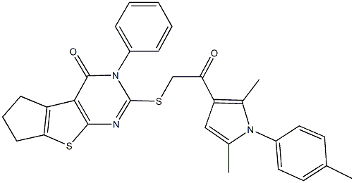 2-({2-[2,5-dimethyl-1-(4-methylphenyl)-1H-pyrrol-3-yl]-2-oxoethyl}sulfanyl)-3-phenyl-3,5,6,7-tetrahydro-4H-cyclopenta[4,5]thieno[2,3-d]pyrimidin-4-one Struktur