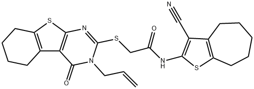 2-[(3-allyl-4-oxo-3,4,5,6,7,8-hexahydro[1]benzothieno[2,3-d]pyrimidin-2-yl)sulfanyl]-N-(3-cyano-5,6,7,8-tetrahydro-4H-cyclohepta[b]thien-2-yl)acetamide Struktur