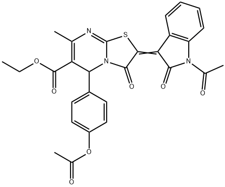 ethyl 2-(1-acetyl-2-oxo-1,2-dihydro-3H-indol-3-ylidene)-5-[4-(acetyloxy)phenyl]-7-methyl-3-oxo-2,3-dihydro-5H-[1,3]thiazolo[3,2-a]pyrimidine-6-carboxylate Struktur