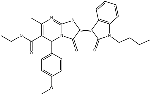 ethyl 2-(1-butyl-2-oxo-1,2-dihydro-3H-indol-3-ylidene)-5-(4-methoxyphenyl)-7-methyl-3-oxo-2,3-dihydro-5H-[1,3]thiazolo[3,2-a]pyrimidine-6-carboxylate Struktur