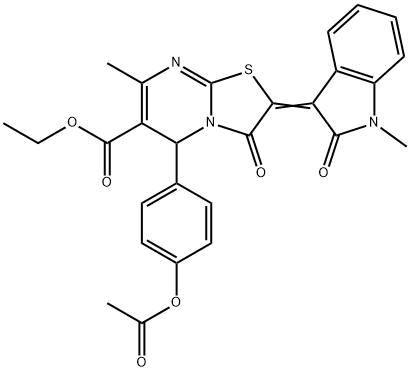 ethyl 5-[4-(acetyloxy)phenyl]-7-methyl-2-(1-methyl-2-oxo-1,2-dihydro-3H-indol-3-ylidene)-3-oxo-2,3-dihydro-5H-[1,3]thiazolo[3,2-a]pyrimidine-6-carboxylate Struktur