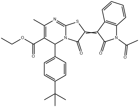 ethyl 2-(1-acetyl-2-oxo-1,2-dihydro-3H-indol-3-ylidene)-5-(4-tert-butylphenyl)-7-methyl-3-oxo-2,3-dihydro-5H-[1,3]thiazolo[3,2-a]pyrimidine-6-carboxylate Struktur
