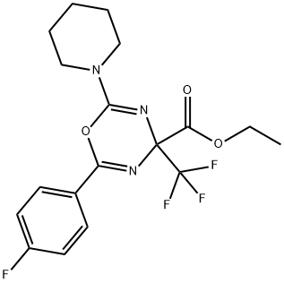 ethyl 2-(4-fluorophenyl)-6-(1-piperidinyl)-4-(trifluoromethyl)-4H-1,3,5-oxadiazine-4-carboxylate Struktur