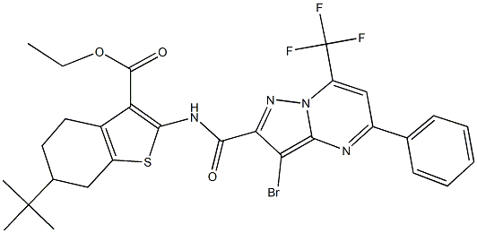 ethyl 2-({[3-bromo-5-phenyl-7-(trifluoromethyl)pyrazolo[1,5-a]pyrimidin-2-yl]carbonyl}amino)-6-tert-butyl-4,5,6,7-tetrahydro-1-benzothiophene-3-carboxylate Structure