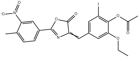 2-ethoxy-4-[(2-{3-nitro-4-methylphenyl}-5-oxo-1,3-oxazol-4(5H)-ylidene)methyl]-6-iodophenyl acetate Struktur