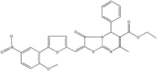ethyl 2-[(5-{5-nitro-2-methoxyphenyl}-2-furyl)methylene]-7-methyl-3-oxo-5-phenyl-2,3-dihydro-5H-[1,3]thiazolo[3,2-a]pyrimidine-6-carboxylate Struktur