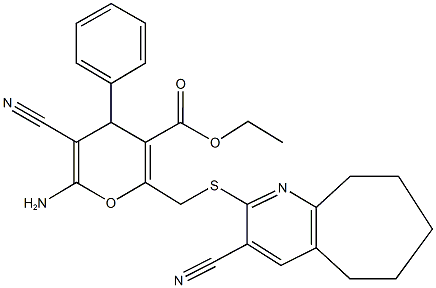 ethyl 6-amino-5-cyano-2-{[(3-cyano-6,7,8,9-tetrahydro-5H-cyclohepta[b]pyridin-2-yl)sulfanyl]methyl}-4-phenyl-4H-pyran-3-carboxylate Struktur