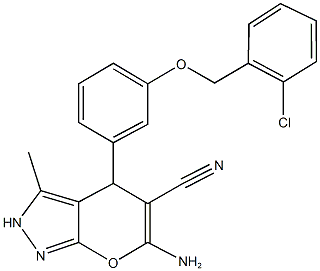 6-amino-4-{3-[(2-chlorobenzyl)oxy]phenyl}-3-methyl-2,4-dihydropyrano[2,3-c]pyrazole-5-carbonitrile Struktur