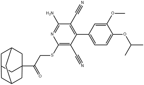 2-{[2-(1-adamantyl)-2-oxoethyl]sulfanyl}-6-amino-4-(4-isopropoxy-3-methoxyphenyl)-3,5-pyridinedicarbonitrile Struktur