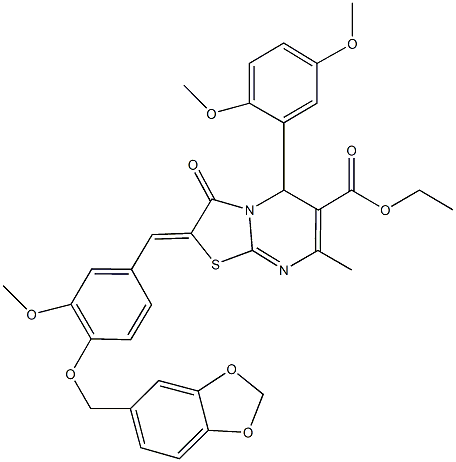 ethyl 2-[4-(1,3-benzodioxol-5-ylmethoxy)-3-methoxybenzylidene]-5-(2,5-dimethoxyphenyl)-7-methyl-3-oxo-2,3-dihydro-5H-[1,3]thiazolo[3,2-a]pyrimidine-6-carboxylate Struktur