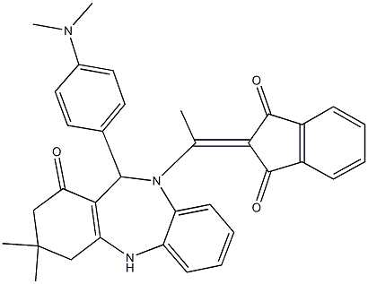 2-(1-{11-[4-(dimethylamino)phenyl]-3,3-dimethyl-1-oxo-1,2,3,4,5,11-hexahydro-10H-dibenzo[b,e][1,4]diazepin-10-yl}ethylidene)-1H-indene-1,3(2H)-dione Struktur