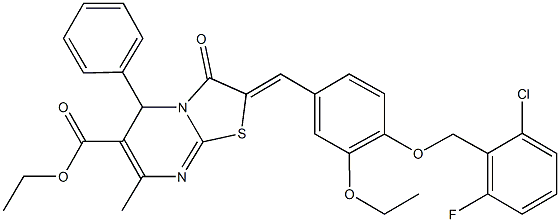 ethyl 2-{4-[(2-chloro-6-fluorobenzyl)oxy]-3-ethoxybenzylidene}-7-methyl-3-oxo-5-phenyl-2,3-dihydro-5H-[1,3]thiazolo[3,2-a]pyrimidine-6-carboxylate Struktur