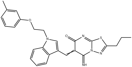 5-imino-6-({1-[2-(3-methylphenoxy)ethyl]-1H-indol-3-yl}methylene)-2-propyl-5,6-dihydro-7H-[1,3,4]thiadiazolo[3,2-a]pyrimidin-7-one Struktur