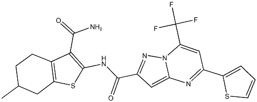 N-[3-(aminocarbonyl)-6-methyl-4,5,6,7-tetrahydro-1-benzothien-2-yl]-5-(2-thienyl)-7-(trifluoromethyl)pyrazolo[1,5-a]pyrimidine-2-carboxamide Struktur