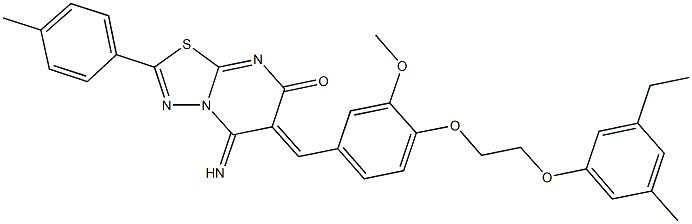 6-{4-[2-(3-ethyl-5-methylphenoxy)ethoxy]-3-methoxybenzylidene}-5-imino-2-(4-methylphenyl)-5,6-dihydro-7H-[1,3,4]thiadiazolo[3,2-a]pyrimidin-7-one Struktur